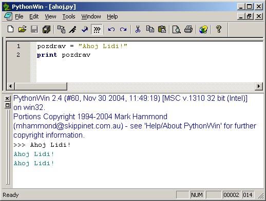 screenshot: spuštění v PythonWin
